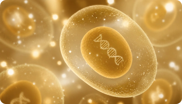 Close-up of a golden cell with a clearly visible nucleus containing a DNA double helix inside the nucleus.