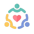Three abstract human figures in a circle around a pink heart, representing care and teamwork.