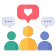 Three stylized people in teal, orange, and blue with floating speech bubbles; a red heart bubble above signals friendly, supportive discussion.